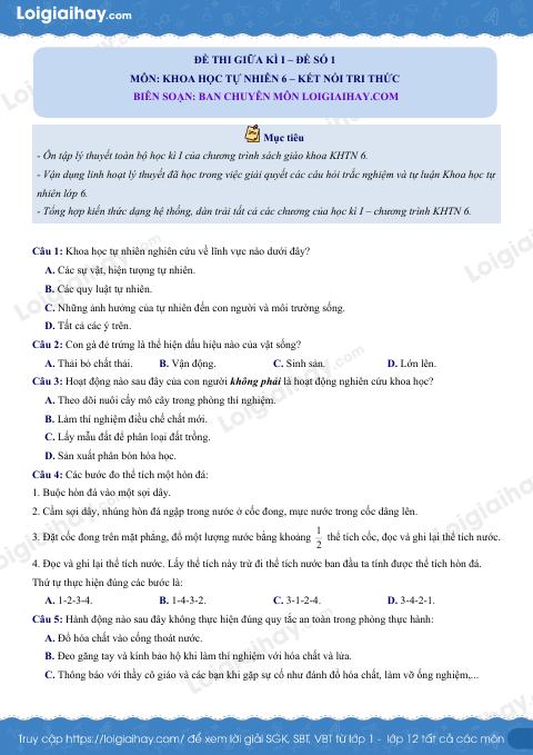 Đề thi giữa kì 1 KHTN 6 Kết nối tri thức - Đề số 1